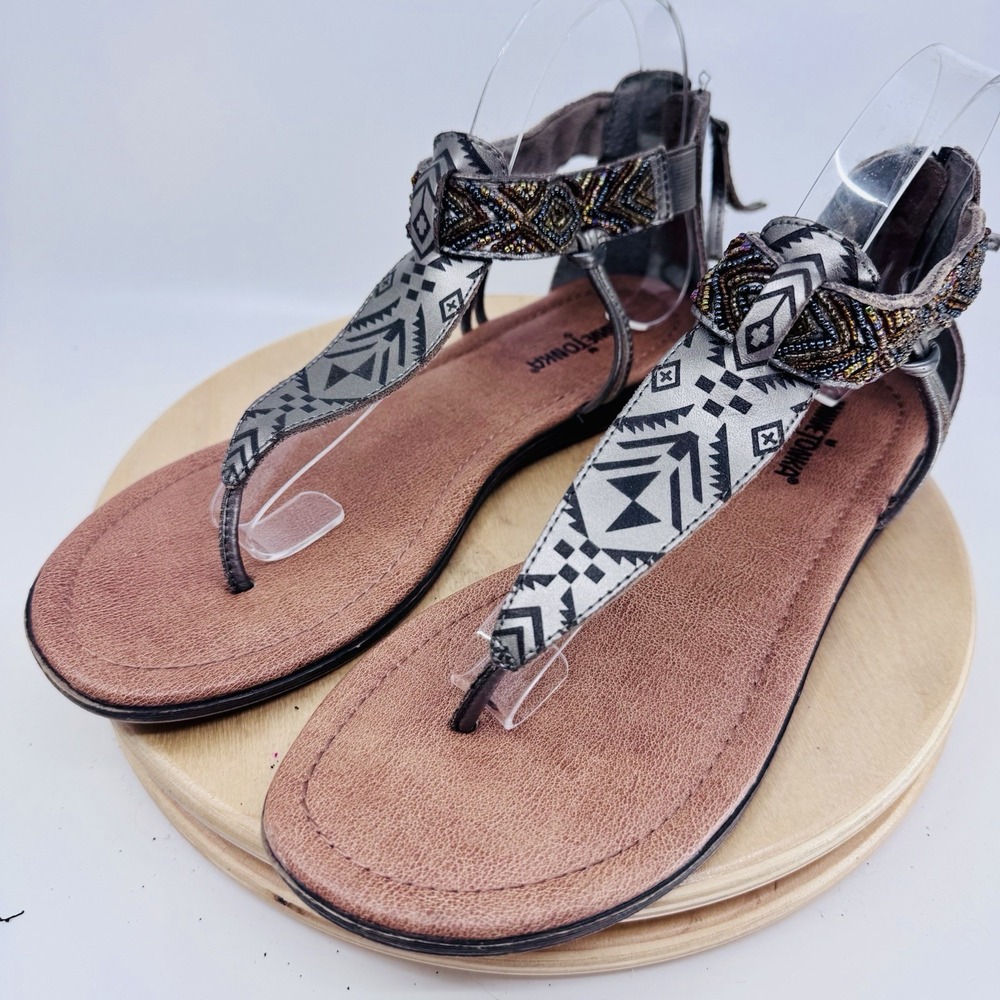 Minnetonka Antigua Sandals Womens 9 Gray Leather Beaded Ankle Strap Shoes
